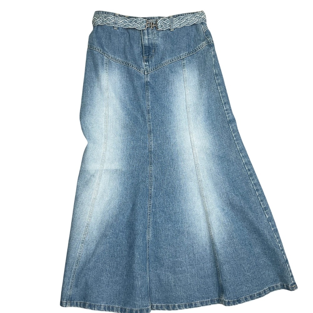 Faded Glory Skirt Womens 4 Blue Stone Panel Western Maxi Braid Belt Aline Denim